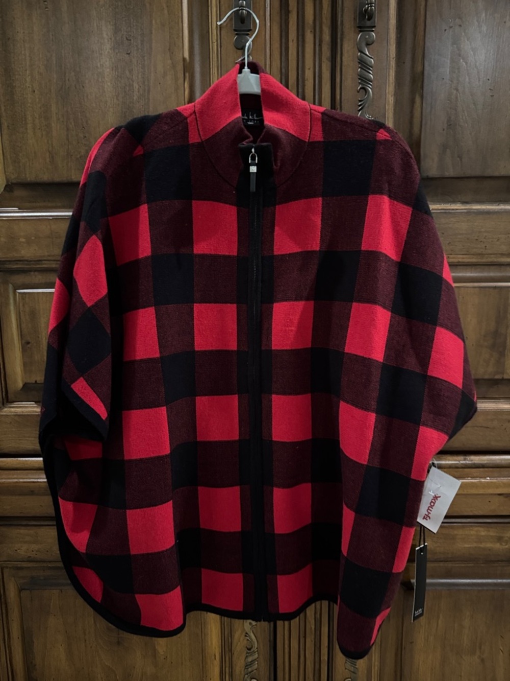 Nicole Miller Red and Black Plaid Zip-Front Cape - NWT - S/M